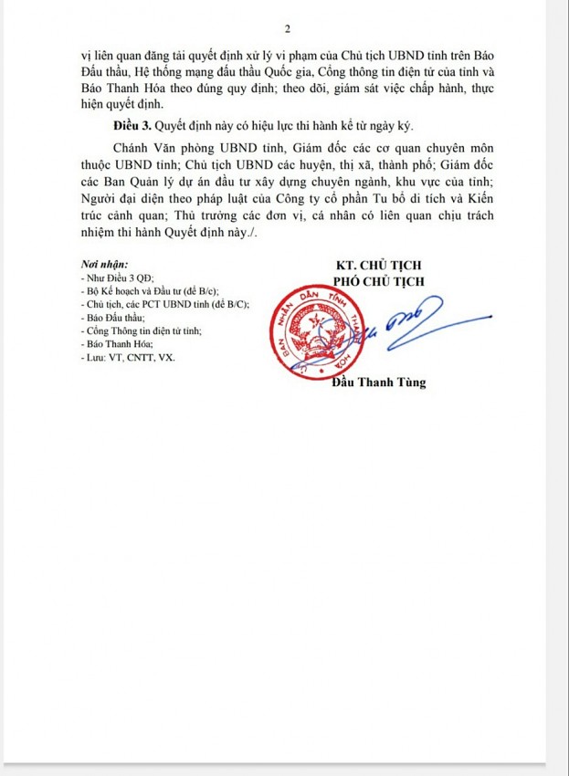 Quyết định số 148/QĐ-UBND ngày 09/01/2024 của UBND tỉnh Thanh Hóa về việc cấm tham gia hoạt động đấu thầu đối với Công ty Cổ phần Tu bổ di tích và Kiến trúc cảnh quan.