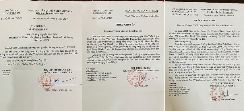 Thanh tra Bộ Công an, Ban Nội chính Tỉnh uỷ Thanh Hoá, Công an tỉnh Thanh Hoá đã có phiếu chuyển đơn đến Công an thị xã Bỉm Sơn giải quyết vụ việc theo quy định của pháp luật.