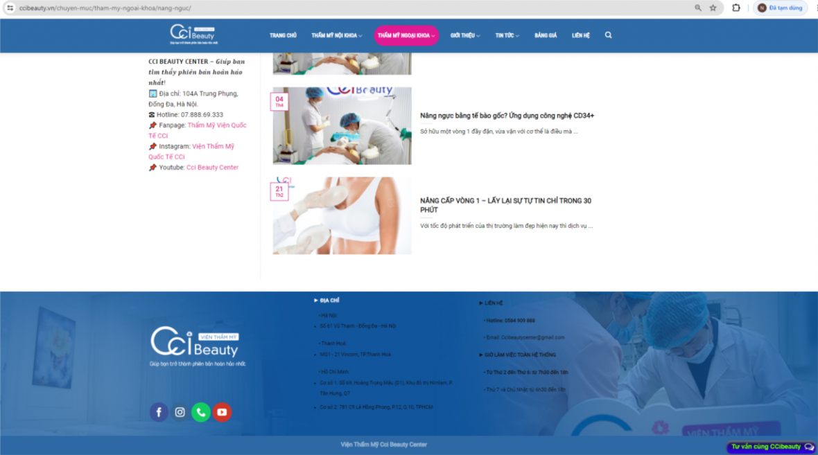 Website ccibeauty.vn  đăng tải các địa chỉ bệnh viện khác thành của CCI để thu hút khách