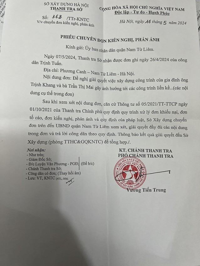Phiếu chuyển đơn của Thanh tra Sở xây dựng TP Hà Nội gửi UBND quận Bắc Từ Liêm yêu cầu giải quyết dứt điểm nội dung đơn của ông Tuấn.