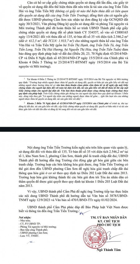Công văn của UBND TP Cẩm Phả phúc đáp nội dung đơn của ông Trường gửi Báo Pháp luật Việt Nam.
