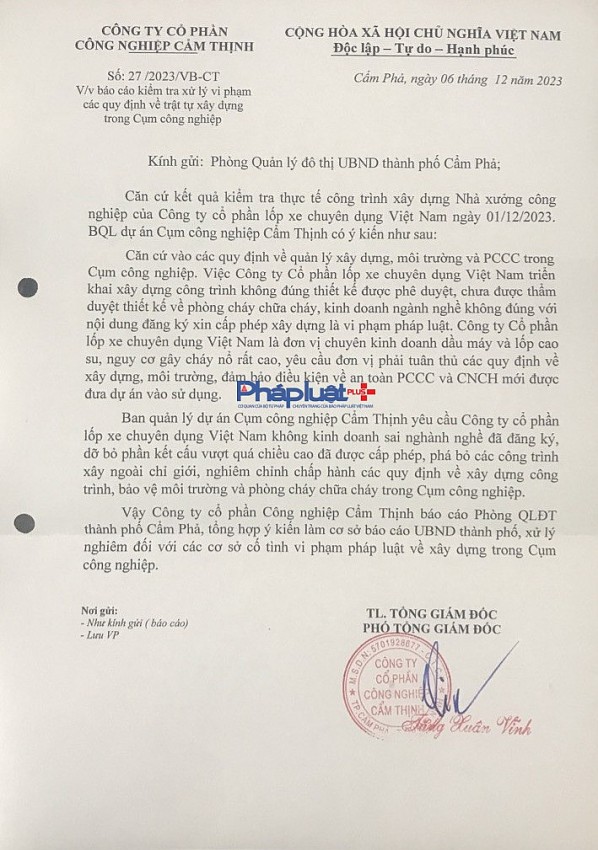 Cẩm Phả (Quảng Ninh): Cần xử lý dứt điểm vi phạm về xây dựng, phòng cháy chữa cháy của Công ty cổ phần lốp xe chuyên dùng Việt Nam