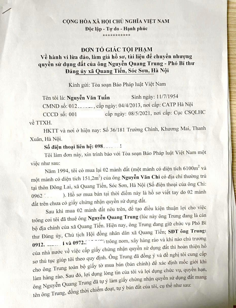 (Sóc Sơn – Hà Nội): Chuyển hồ sơ sang công an vụ Chủ tịch HĐND xã Quang Tiến bị tố cáo