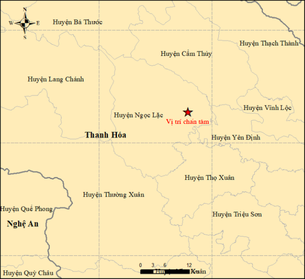 Vị trí tâm chấn (dấu sao) trận động đất ở Thanh Hoá sáng nay (21/7).