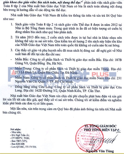 NXB Gi&aacute;o dục Việt Nam đ&atilde; trả lời Phapluatplus bằng văn bản.