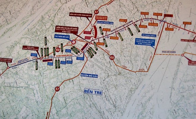 Bản đồ hướng tuyến dự &aacute;n mở rộng, n&acirc;ng cấp Quốc lộ 60 đoạn qua địa b&agrave;n tỉnh Bến Tre (nguồn: internet).