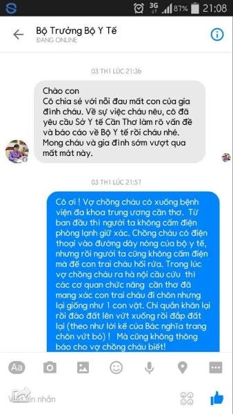 Nội dung cuộc trao đổi giữa sản phụ Hiền v&agrave; Bộ trưởng Tiến qua mạng x&atilde; hội Facebook.