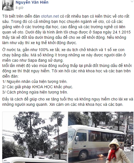 D&ograve;ng trạng th&aacute;i của Facebooker Nguyễn Văn Hiển chia sẻ trong diễn đ&agrave;n otofun.
