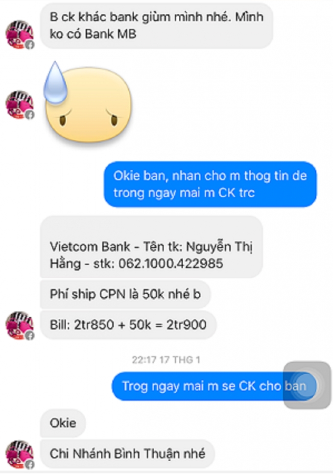 Tin nhắn giao dịch mua b&aacute;n giữa chị Linh v&agrave; Nguyễn Đ&igrave;nh Thụy Hằng.