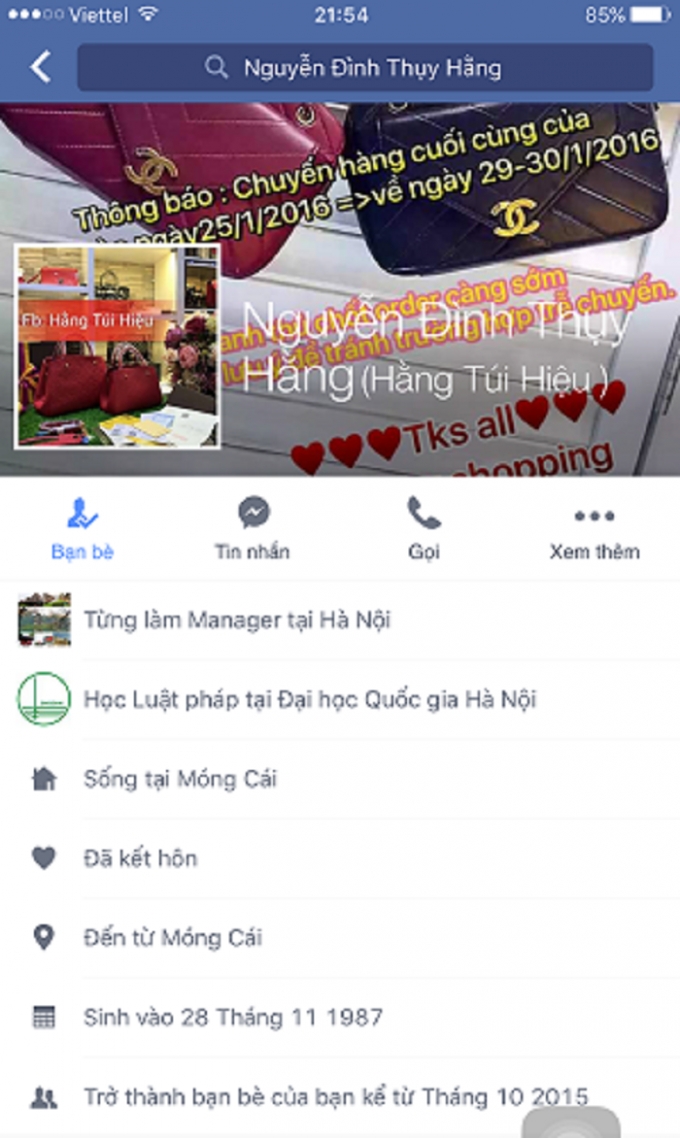 Trang Facebook c&aacute; nh&acirc;n của Nguyễn Đ&igrave;nh Thụy Hằng.