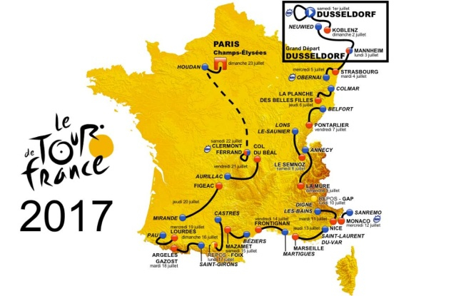 Tour de France&nbsp;- cuộc đua xe đạp đường trường khốc liệt nhất thế giới V&ograve;ng quanh nước Ph&aacute;p - diễn ra từ ng&agrave;y 1/7 đến 23/7. Đ&acirc;y l&agrave; lần thứ 104 giải được tổ chức, bắt đầu tại Dusseldorf (Đức) v&agrave; kết th&uacute;c tại Champs-&Eacute;lys&eacute;es, Paris.