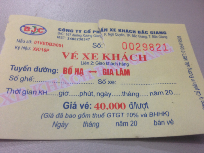 V&eacute; xe của C&ocirc;ng ty cổ phần xe kh&aacute;ch Bắc Giang