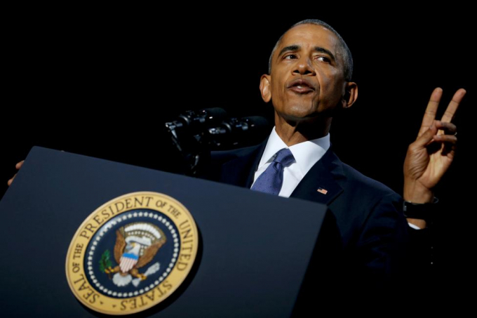 B&agrave;i ph&aacute;t biểu tại Trung t&acirc;m Hội nghị McCormick Place, Chicago kết th&uacute;c 2 nhiệm kỳ tổng thống của &ocirc;ng Obama tại Nh&agrave; Trắng. (Ảnh: Reuters)