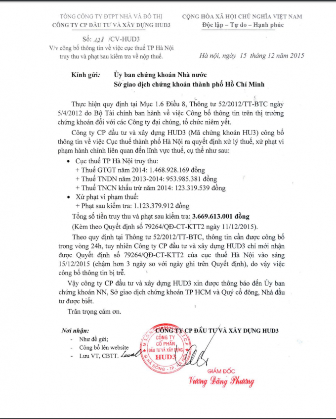 HUD3-Chủ đầu tư dự &aacute;n 60 Nguyễn Đức Cảnh bị phạt, truy thu thuế 4,1 tỷ