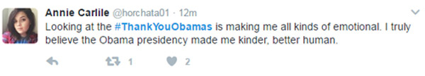 'Đọc những lời chia sẻ với hashtag #ThankYouObamas khiến t&ocirc;i x&uacute;c động. T&ocirc;i thực sự tin việc Obama l&agrave;m tổng thống đ&atilde; khiến t&ocirc;i th&agrave;nh người tốt hơn'.