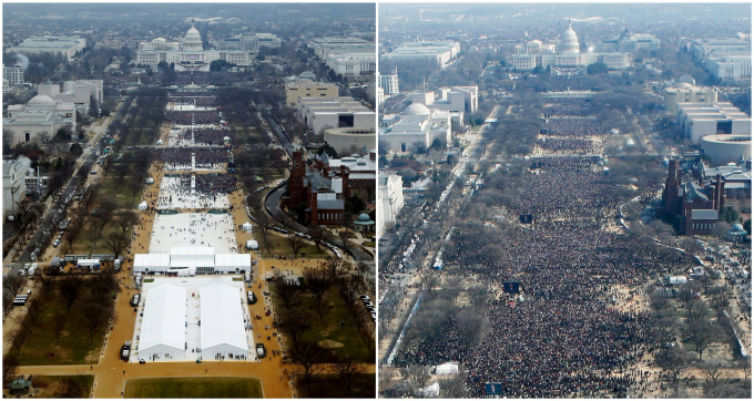 Bức ảnh so s&aacute;nh lễ nhậm chức của &ocirc;ng Trump (tr&aacute;i) v&agrave; Barack Obama (phải) trong nhiệm kỳ đầu. (Ảnh: Guardian)