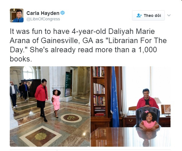 Chia sẻ tr&ecirc;n&nbsp;Twitter b&agrave; Carla Hayden - Thủ thư thứ 14 của Quốc hội Mỹ.