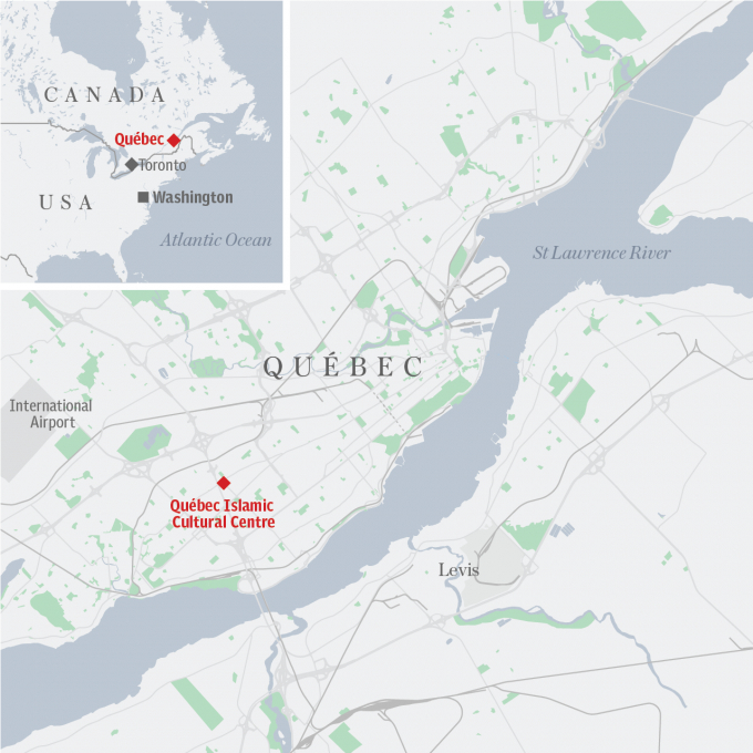 Vị tr&iacute; nh&agrave; thờ Hồi gi&aacute;o ở th&agrave;nh phố Quebec, Canada bị tấn c&ocirc;ng. (Ảnh: Dailymail)