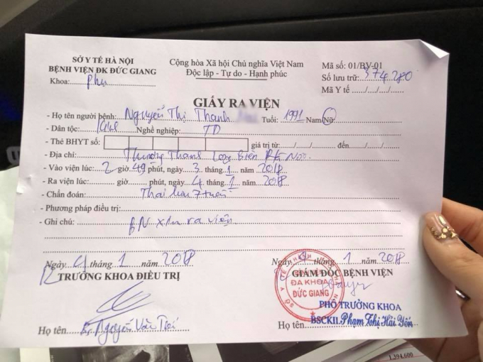 Giấy ra viện của chị&nbsp;Nguyễn Thị Thanh M.