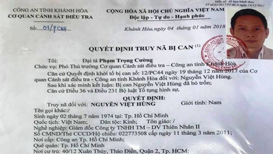 Lệnh truy n&atilde; bị can Nguyễn Việt H&ugrave;ng.