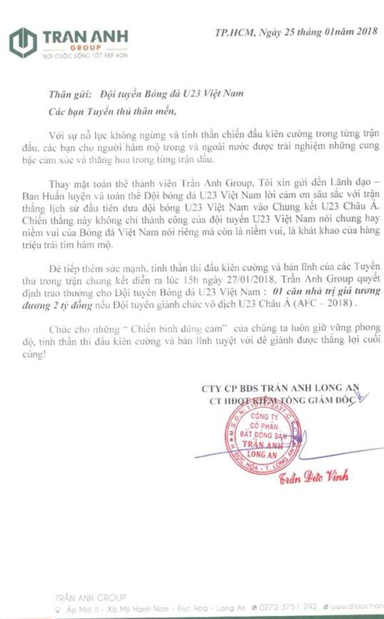Thư của &ocirc;ng Trần Đức Vinh gửi đội tuyển U23 Việt Nam