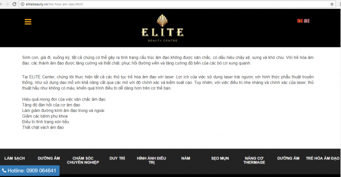 Trang website c&oacute; t&ecirc;n Elitebeauty quảng c&aacute;o dịch vụ l&agrave;m trẻ h&oacute;a &acirc;m đạo.