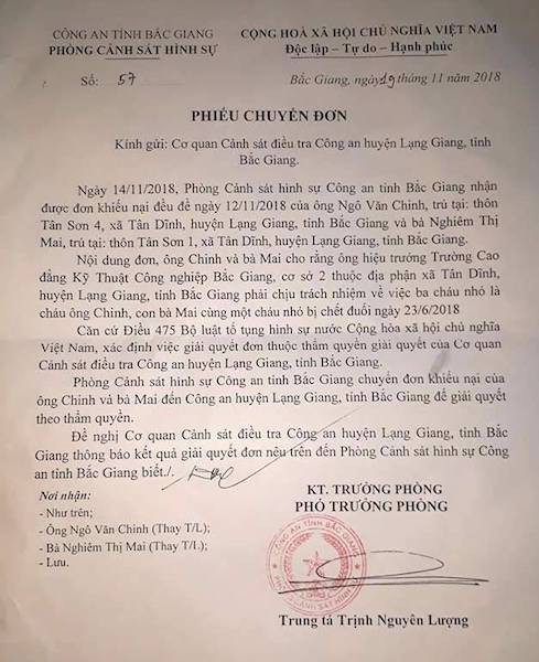 Chủ tịch UBND tỉnh Bắc Giang tiếp tục c&oacute; c&ocirc;ng văn gửi trực tiếp Gi&aacute;m đốc c&ocirc;ng an tỉnh để chỉ đạo giải quyết vụ việc.