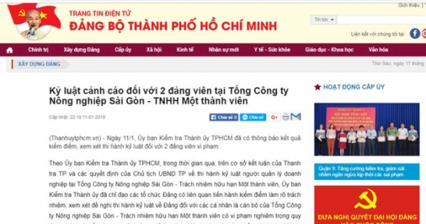 Kỷ luật Cảnh cáo Tổng Giám đốc SAGRI Lê Tân Hùng