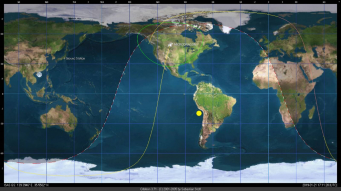 Vị tr&iacute; vệ tinh MicroDragon khi thực hiện chụp ảnh thử nghiệm lần đầu ti&ecirc;n ở độ cao khoảng 512km tr&ecirc;n bầu trời nước Mỹ. Ảnh: VNSC.