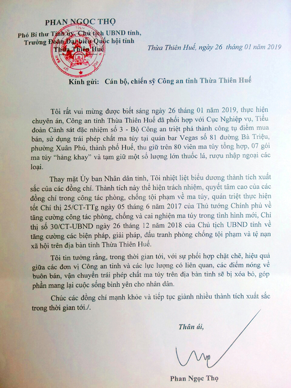 Bức thư của Chủ tịch UBND tỉnh Thừa Thi&ecirc;n - Huế Phan Ngọc Thọ.&nbsp;