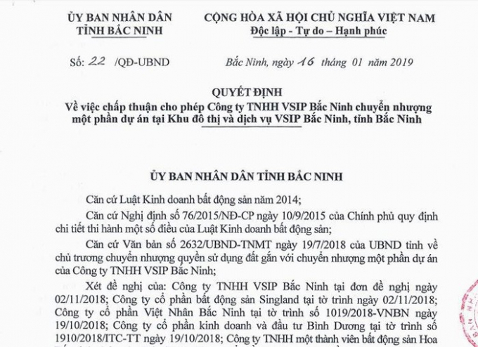 Quyết định của UBND tỉnh Bắc Ninh chấp thuận cho C&ocirc;ng ty TNHH VSIP Bắc Ninh chuyển nhượng một phần dự &aacute;n Khu đ&ocirc; thị v&agrave; dịch vụ VSIP Bắc Ninh cho 5 đối t&aacute;c.