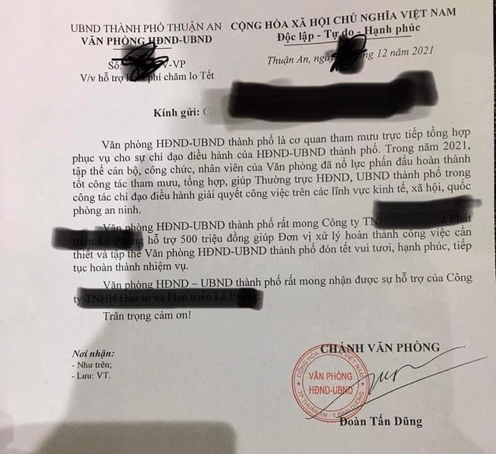 TP Thuận An trả lại 500 triệu 'xin' doanh nghiệp đ&oacute;n Tết
