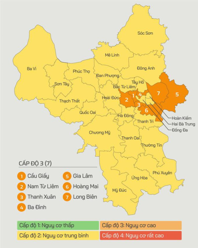Hà Nội hiện có 7 quận, huyện cấp độ 3 (màu cam) và 23 quận huyện cấp 2 (màu vàng). Đồ họa: Tiến Thành
