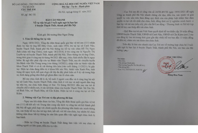 Văn bản số 25/BC-TE về vụ việc bé gái 3 tuổi nghi ngờ bị bạo lực ở huyện Thạch Thất, TP Hà Nội của Cục trẻ em.