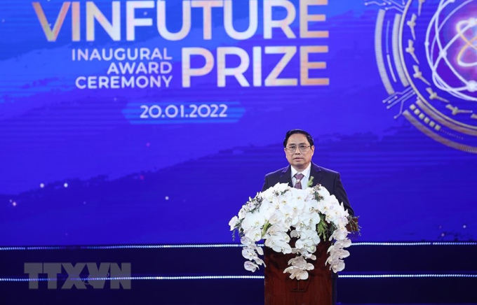 Thủ tướng Phạm Minh Chính phát biểu tại Lễ trao giải thưởng VinFuture. (Ảnh: Dương Giang/TTXVN)