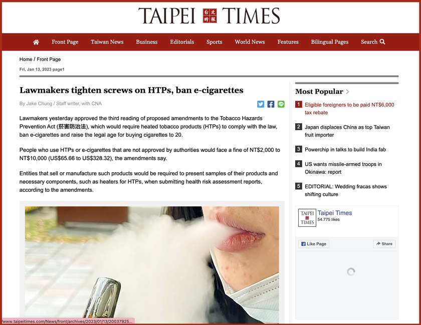 Thời Báo Đài Bắc (Đài Loan, Trung Quốc) đưa tin về đạo luật sửa đổi liên quan đến TLLN.