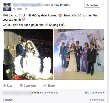 Những h&igrave;nh ảnh về đ&aacute;m cưới của Hồ Quang Hiếu bất ngờ được đăng tải tr&ecirc;n facebook. Ảnh: facebook.