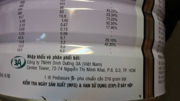 Tr&ecirc;n vỏ hộp sữa ghi sản phẩm được nhập khẩu v&agrave; ph&acirc;n phối bởi C&ocirc;ng ty TNHH Dinh Dưỡng 3A (Việt Nam).