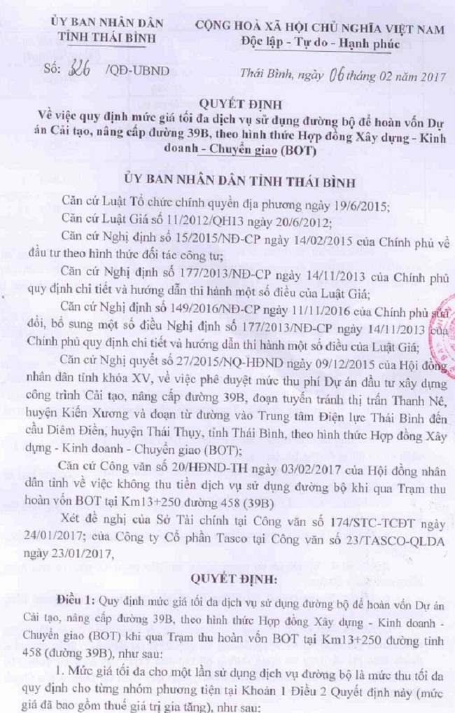Nội dung Quyết định số 326/QĐ-UBND của UBND tỉnh Th&aacute;i B&igrave;nh do chủ tịch Nguyễn Hồng Di&ecirc;n k&yacute; ng&agrave;y 6/2 (trang 1-2).