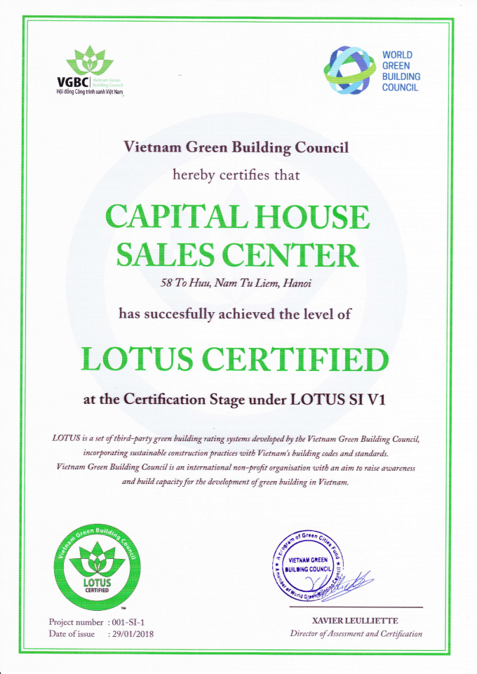 Capital House Sales Center nhận chứng chỉ xanh LOTUS SI