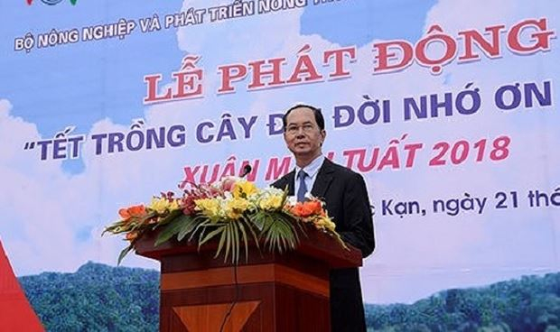 Chủ tịch nước Trần Đại Quang ph&aacute;t biểu tại Lễ ph&aacute;t động Tết trồng c&acirc;y.