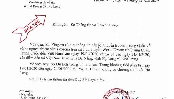 Quảng Ninh: Bác bỏ thông tin du thuyền có 3 khách du lịch nhiễm corona đến Hạ Long
