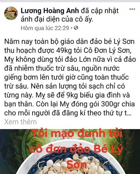 Facebook tên Lương Hoàng Anh tung tin giả mạo liên quan việc nước tưới tại đảo Lý Sơn nhiễm thuốc trừ sâu.