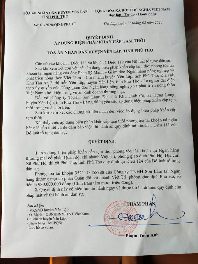 Quyết định 01/2020/QĐ-BPKCTT ngày 17/02/2020 của Tòa án nhân dân huyện Yên Lập, tỉnh Phú Thọ