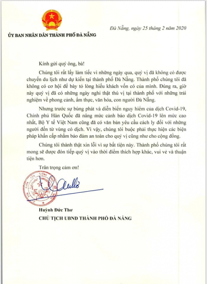 Chủ tịch UBND thành phố Huỳnh Đức Thơ cũng đã có thư gửi du khách về tình hình của Đà Nẵng trong bối cảnh Covid-19 đang diễn biến hết sức phức tạp.