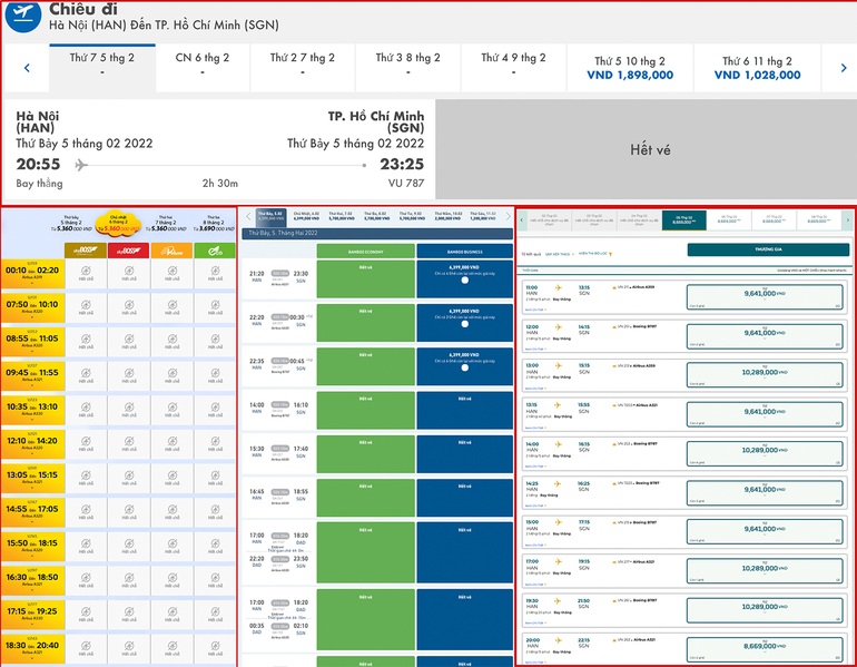 Bảng giá vé máy bay chặng Hà Nội - TPHCM của các hãng hàng không từ ngày 5/2 đến ngày 8/2 (Ảnh chụp màn hình).