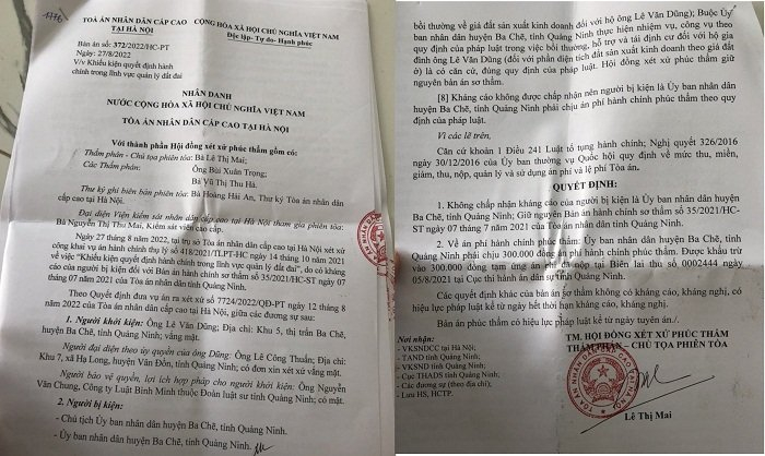 bản án phúc thẩm số 372/2022/HC-PT của TAND Cấp cao tại Hà Nội đã bác toàn bộ bởi toàn bộ nội dung kháng cáo của UBND huyện Ba Chẽ