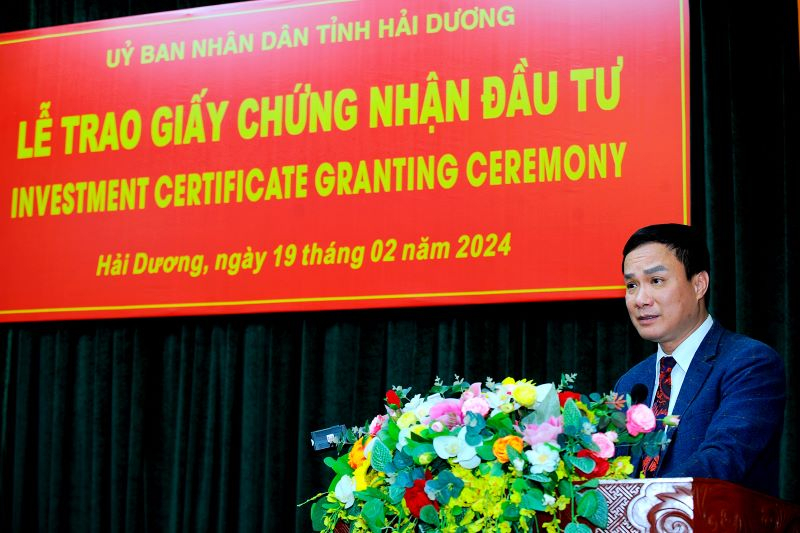 Chủ tịch UBND tỉnh Hải Dương Triệu Thế Hùng phát biểu tại lễ trao giấy chứng nhận đầu tư.