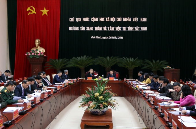 Chủ tịch nước Trương Tấn Sang l&agrave;m việc với l&atilde;nh đạo tỉnh Bắc Ninh.