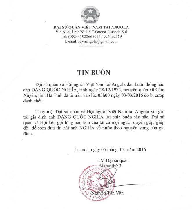 Tin buồn của Đại sứ qu&aacute;n Việt Nam tại Angola về vụ việc anh Nghĩa bị cướp s&aacute;t hại.